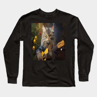 watercolor cat playing guitar with Christmas tree Long Sleeve T-Shirt